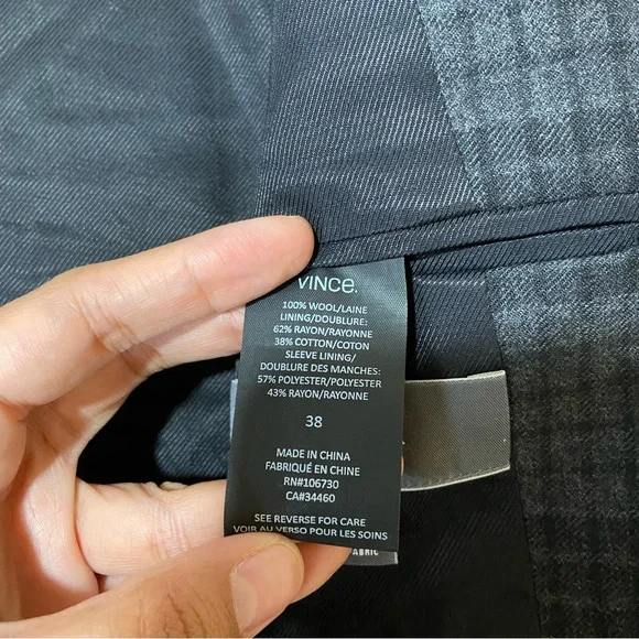 VINCE Mens Wool Plaid Gray & Black Blazer Size 38